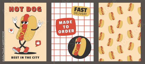 Set of trendy posters with groovy hippie hot dog. Cartoon character in trendy retro style. Template for poster, banner, flyer. Vector illustration