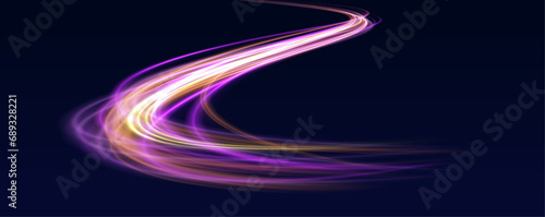 Racing cars dynamic flash effects city road with long exposure night ligh. Curved light trail stretched upward. Fast speed car. Futuristic neon light line trails. 