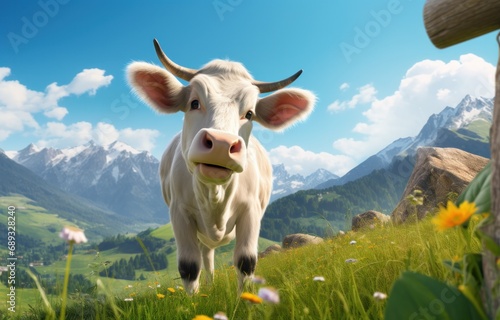 a cow is standing in a meadow in front of mountains 