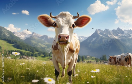 a cow is standing in a meadow in front of mountains 