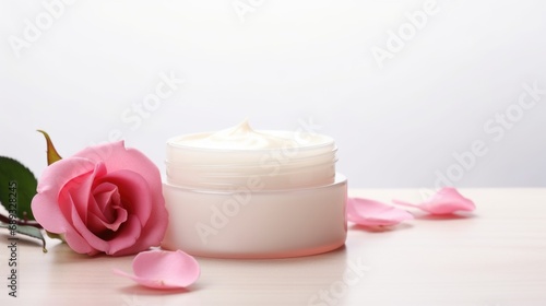 A jar of cream next to a rose on a table