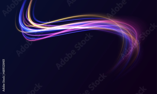 Light trail wave, fire path trace line, car lights, optic fiber and incandescence curve twirl. Vector glitter light fire flare trace. Speed of light in galaxy. 