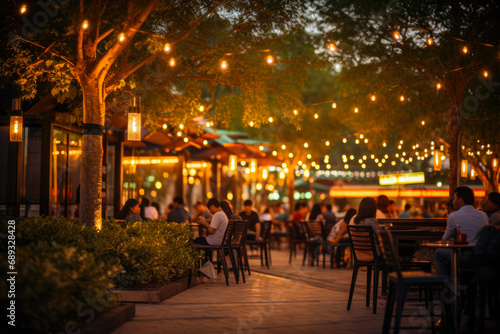 Outdoor cafe in the park at night with lights on background.