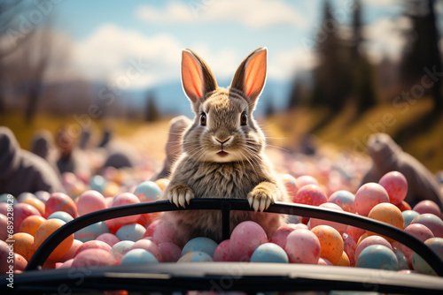 Lovely bunny easter rabbit eating food, vegetables, carrots, baby corn in garden with flowers and colorful easter eggs background. Cute fluffy rabbit in nature life. Symbol animal of easter day. photo