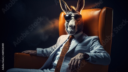 a donkey in a suit and sunglasses sitting on a chair,