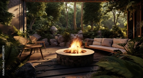 a fire pit is surrounded by wood and plants 