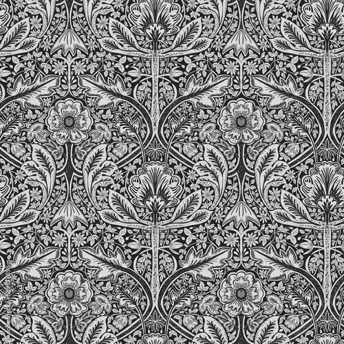 Seamless pattern, ornament with gravitate and woodlice plant in black and white graphics in the style of Morris. Small format. Digital illustration. Suitable for interior decoration, wallpaper, fabric