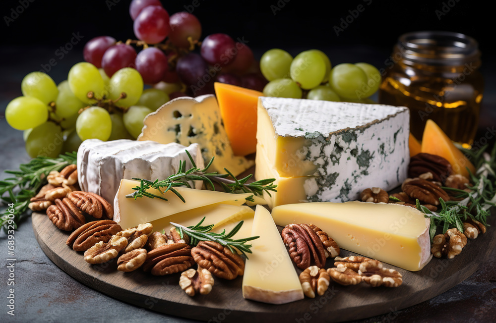 Cheese plate with a variety of cheeses, honey, grapes, nuts and fresh herbs on a concrete background