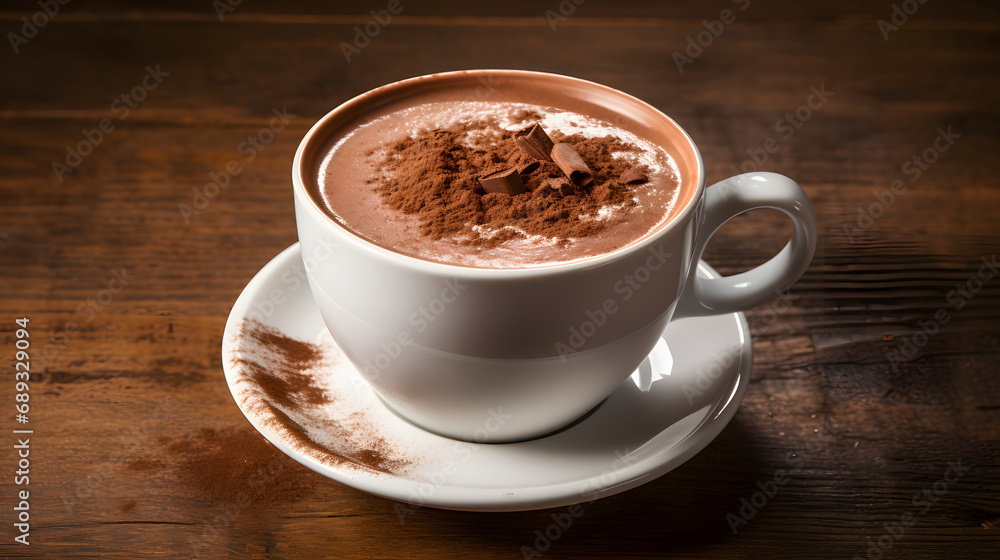 Hot Chocolate with Cocoa Powder and Shavings in White Cup on Wooden Table Hot Chocolate with Cocoa Powder and Shavings in White Cup on Wooden Table