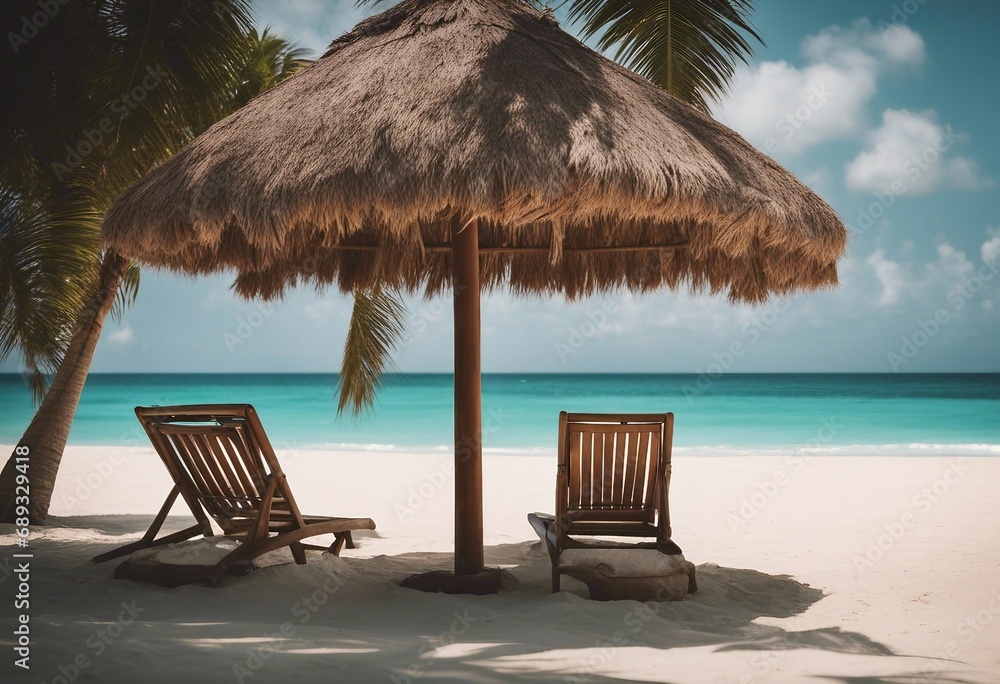 Caribbean Palm Beach With Wooden Chairs And Straw Umbrella - Idyllic Island Caribbean Palm Beach With Wooden Chairs And Straw Umbrella - Idyllic Island