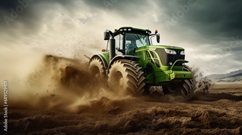 a green tractor plowing a field of dirt,