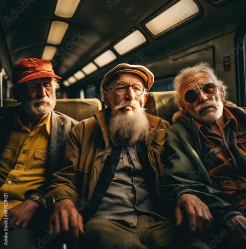 a group of old men are walking on a train,