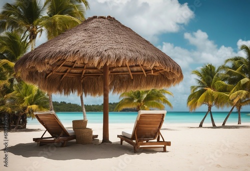 Caribbean Palm Beach With Wooden Chairs And Straw Umbrella - Idyllic Island © ArtisticLens