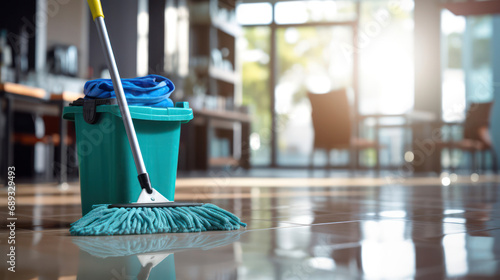 A mop and bucket ready for cleaning photo