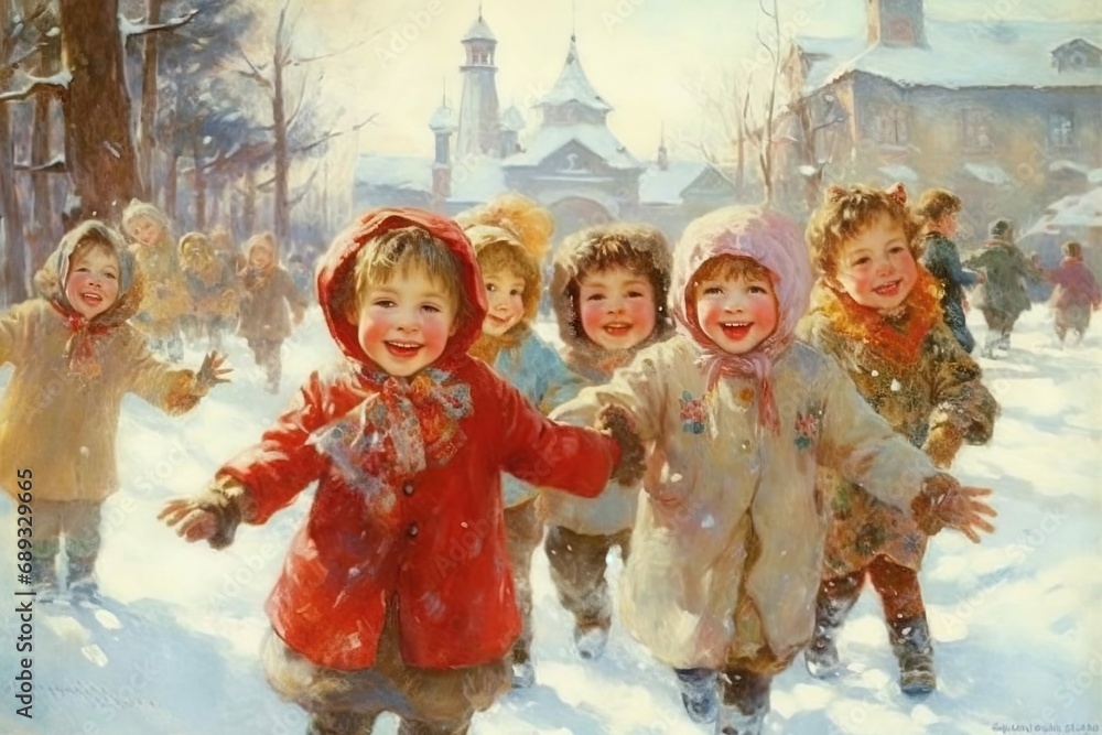 children playing in snow during the christmas