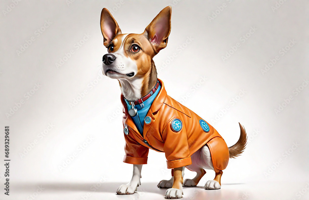 anthropomorphic caricature dog wearing a chemistry clothing with chemical tools
