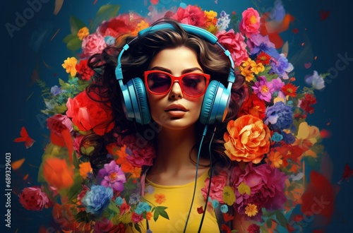 a lady with headphones on and colorful flowers, © olegganko