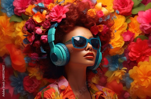 a lady with headphones on and colorful flowers,