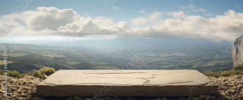 a large stone slab in front of a view showing an open sky,