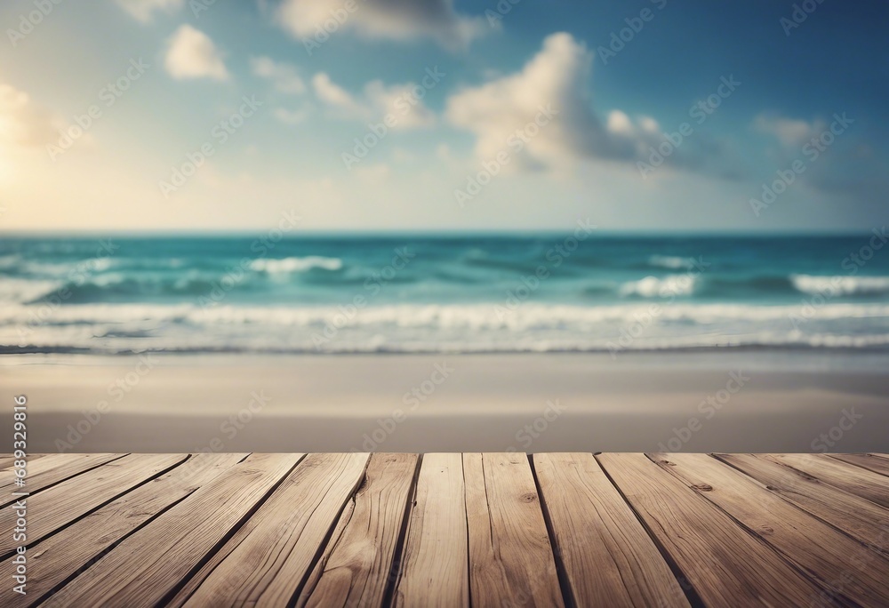 Empty Wooden Planks With Blur Beach And Sea On background Empty Wooden Planks With Blur Beach And Sea On background