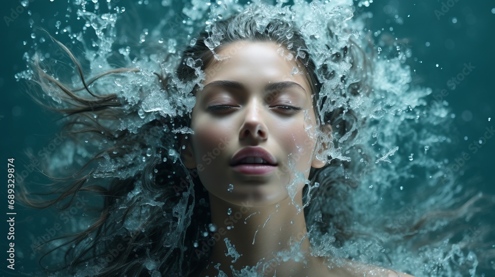 smiling woman surrounded by a splash of water and foam. Girl in the shower. Concept: hygiene and body care. smiling woman surrounded by a splash of water and foam. Girl in the shower. Concept: hygiene and body care.