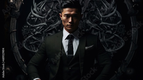 a man in a suit poses behind a dark background,