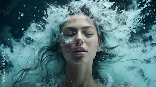 smiling woman surrounded by a splash of water and foam. Girl in the shower. Concept: hygiene and body care. 