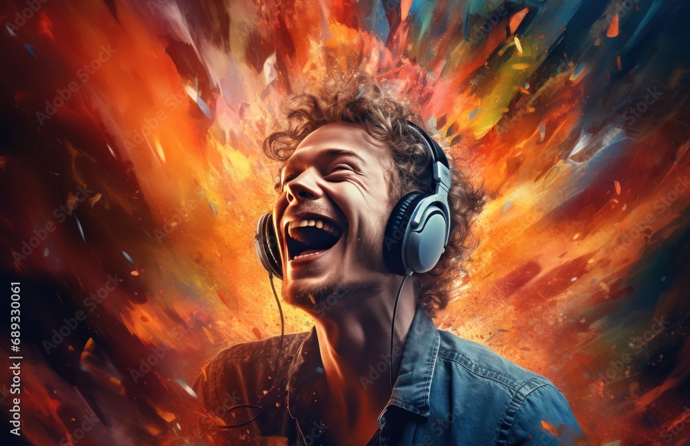a man wearing headphones is at a concert with his head up, a man wearing headphones is at a concert with his head up,
