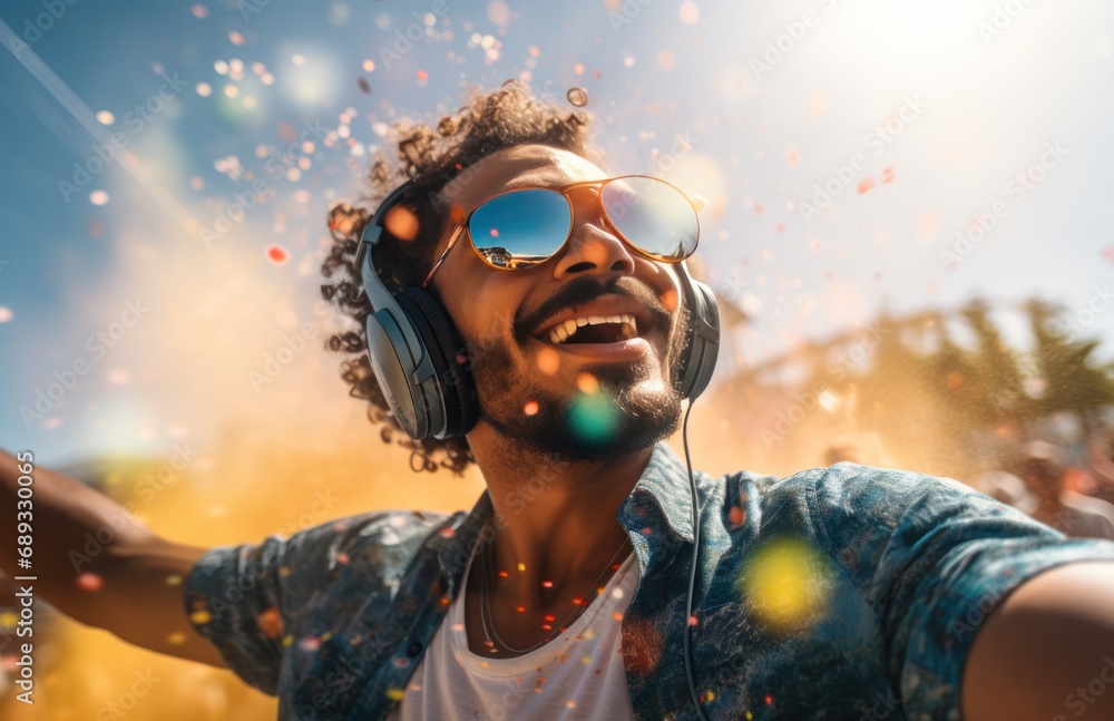 a man wearing headphones is at a concert with his head up, a man wearing headphones is at a concert with his head up,