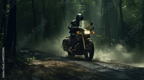 a man riding a motorcycle in an empty forest,