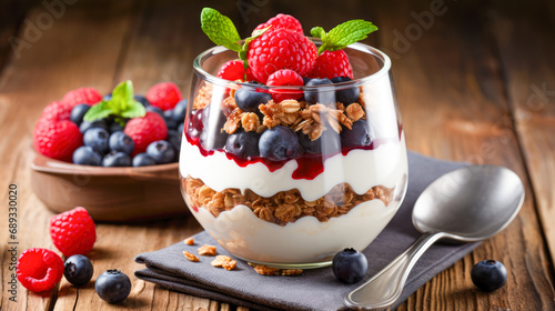 Greek yogurt parfait with fresh berries and granola in glass photo