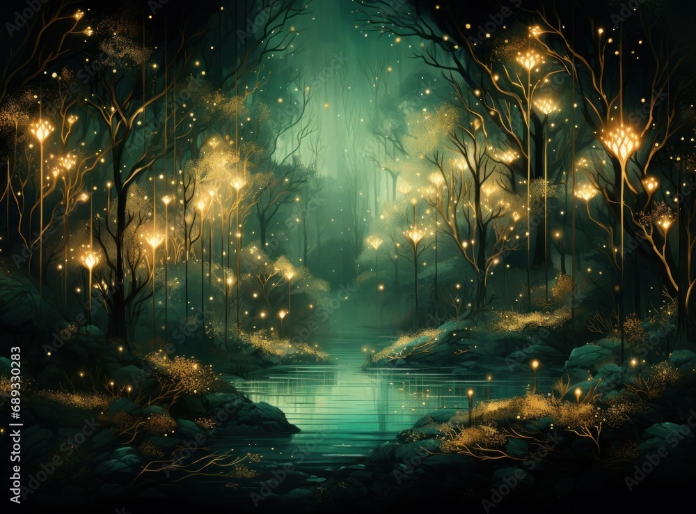 a picture of gold lights in front of trees,