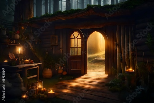 an enchanting scene of the open door of an old rural house leading into a magical forest