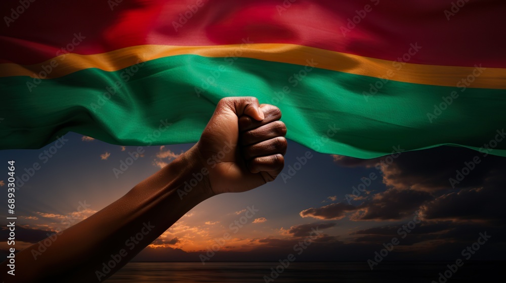 a person's hand with african flag black history month fist symbol - obrazy, fototapety, plakaty 