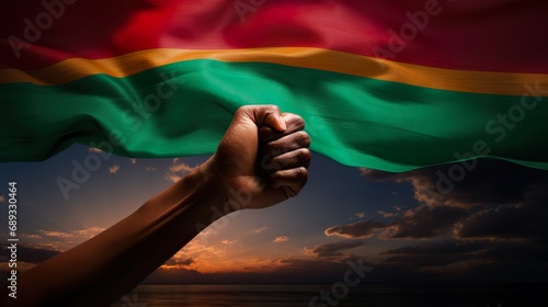 a person's hand with african flag black history month fist symbol photo
