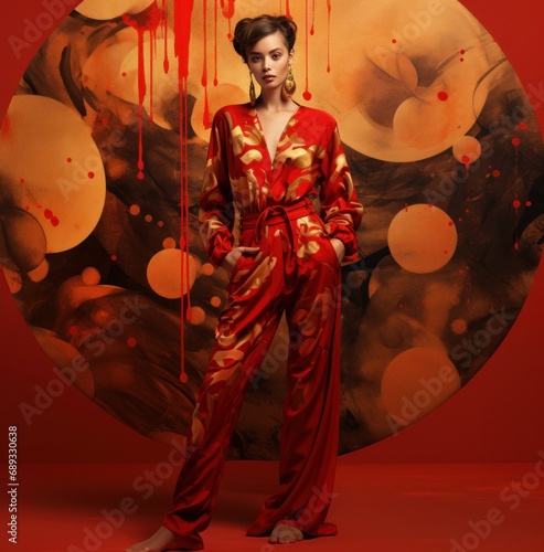 a red and gold jumpsuit,