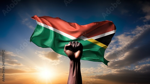 a person's hand with african flag black history month fist symbol photo