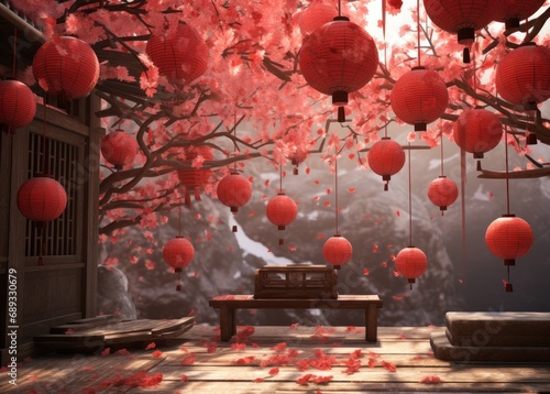 a red background with bright red paper lanterns and red paper flowers,