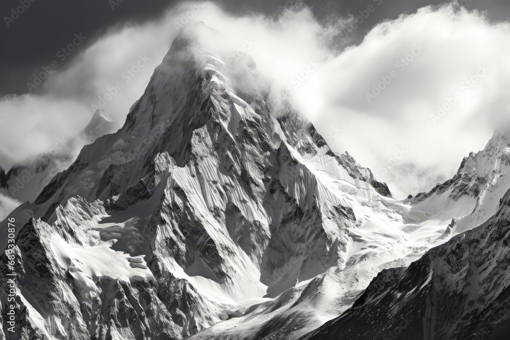 Panoramic view of tall mountain peaks in black and white