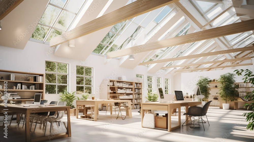 copy space, stockphoto, Inspiring office interior design Contemporary style Open workspace featuring Skylight architecture. Open office mock up. Modern style office with a lot of natural light comming