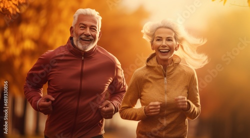a retired couple jogging together in a park,