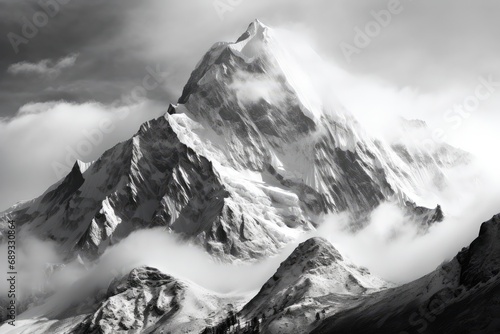 Panoramic view of tall mountain peaks in black and white