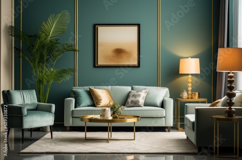 a room with gray walls, furniture and plants,