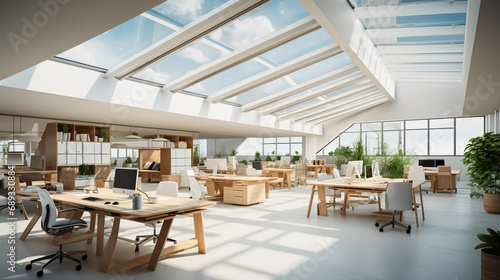 copy space, stockphoto, Inspiring office interior design Contemporary style Open workspace featuring Skylight architecture. Open office mock up. Modern style office with a lot of natural light comming