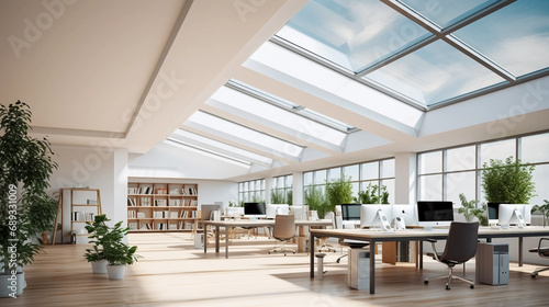 copy space  stockphoto  Inspiring office interior design Contemporary style Open workspace featuring Skylight architecture. Open office mock up. Modern style office with a lot of natural light comming