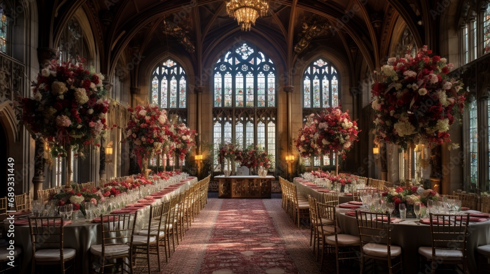 A historic castle banquet hall, with grand tables adorned with royal feasts and opulent floral arrangements.