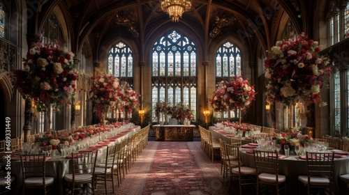 A historic castle banquet hall  with grand tables adorned with royal feasts and opulent floral arrangements.