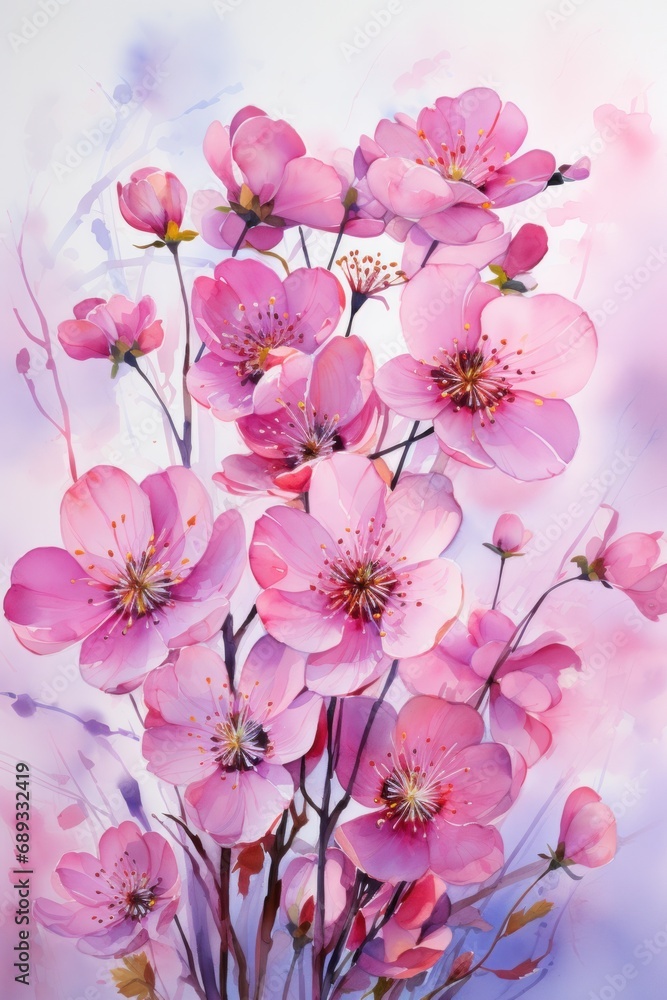 Fototapeta premium a vivid and expressive description of a scene featuring pink watercolor wildflowers