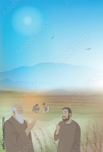 These are the generations of Terah: Terah begat Abram, Nahor, and Haran. Genesis 11:27. Old testament. Bible illustrations vector. Torah. Abraham with father and brothers. 