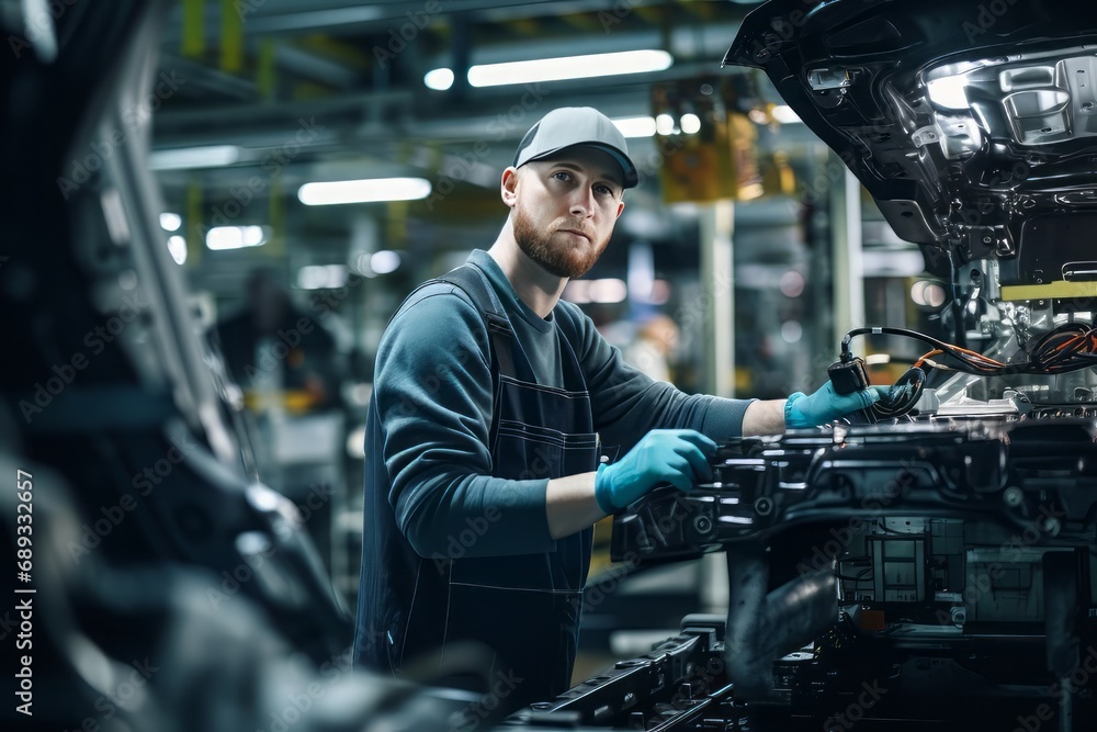 Confident worker skillfully operating high-tech machinery in a modern automotive manufacturing setting Confident worker skillfully operating high-tech machinery in a modern automotive manufacturing setting